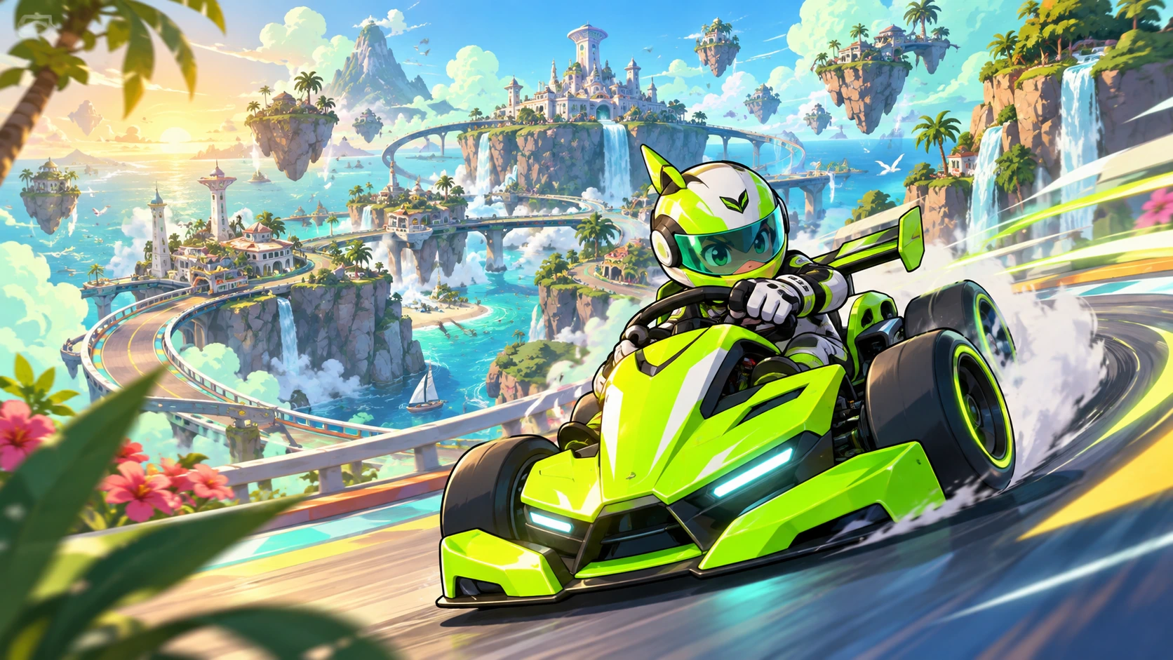 Original game concept art of a lime kart drifting through a floating tropical city