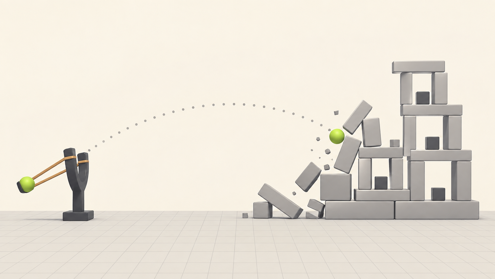 Illustrative rough slingshot prototype with a lime ball and a grey block tower