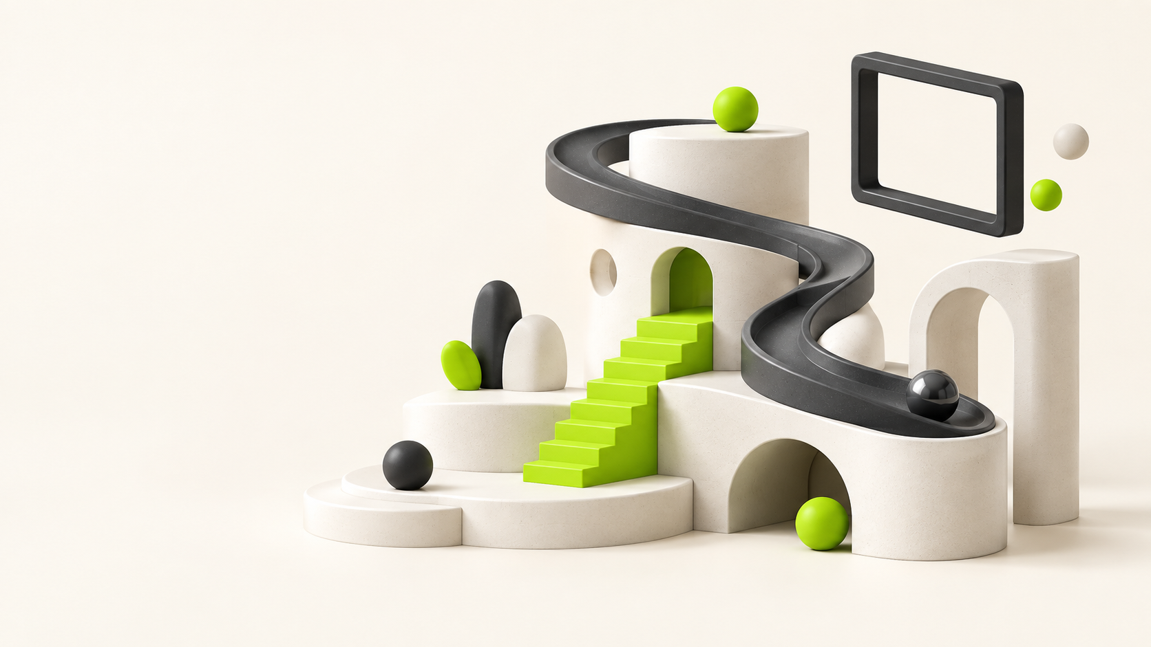 Sculptural game worlds made from ivory platforms, graphite ramps and lime building blocks